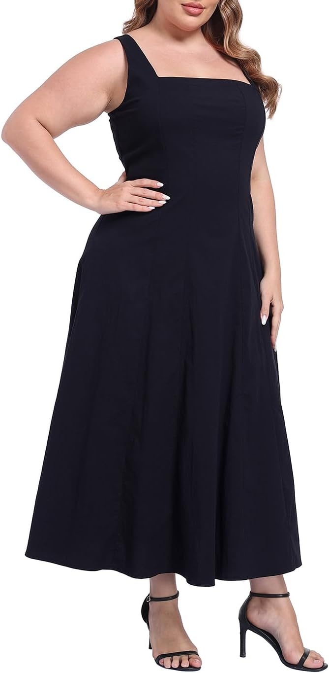 image:imageHDE Womens Plus Size Square Neck Midi Dress Sleeveless A Line Long Flowy Spring Vacation Sundress Summer Dresses with PocketsBlack