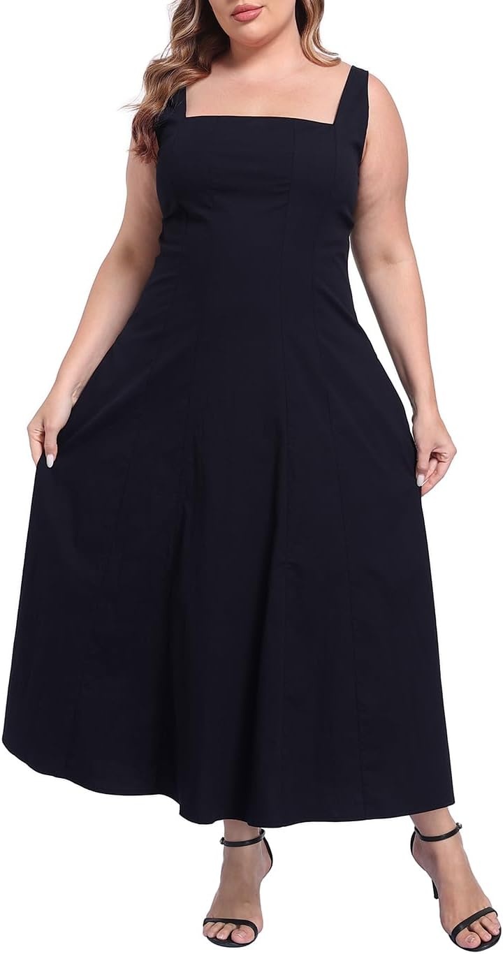 image:imageHDE Womens Plus Size Square Neck Midi Dress Sleeveless A Line Long Flowy Spring Vacation Sundress Summer Dresses with PocketsBlack