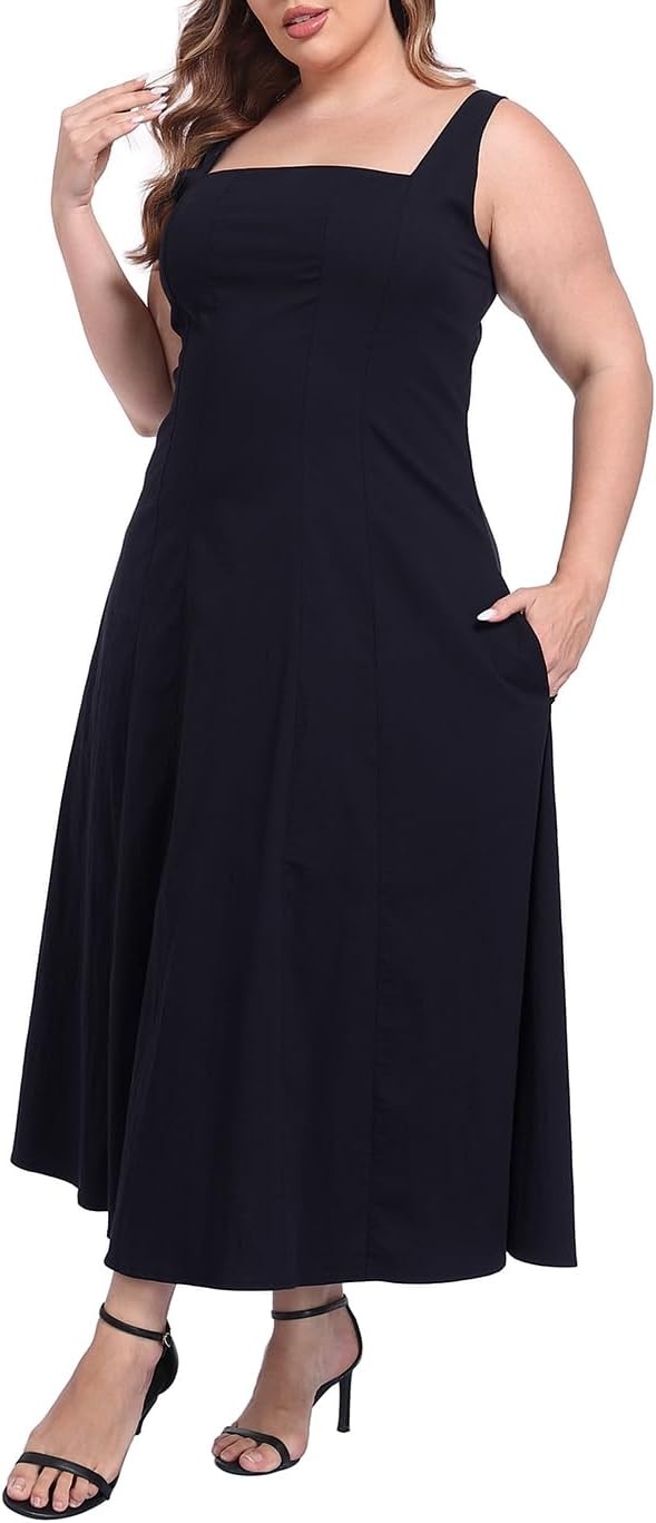 image:imageHDE Womens Plus Size Square Neck Midi Dress Sleeveless A Line Long Flowy Spring Vacation Sundress Summer Dresses with PocketsBlack