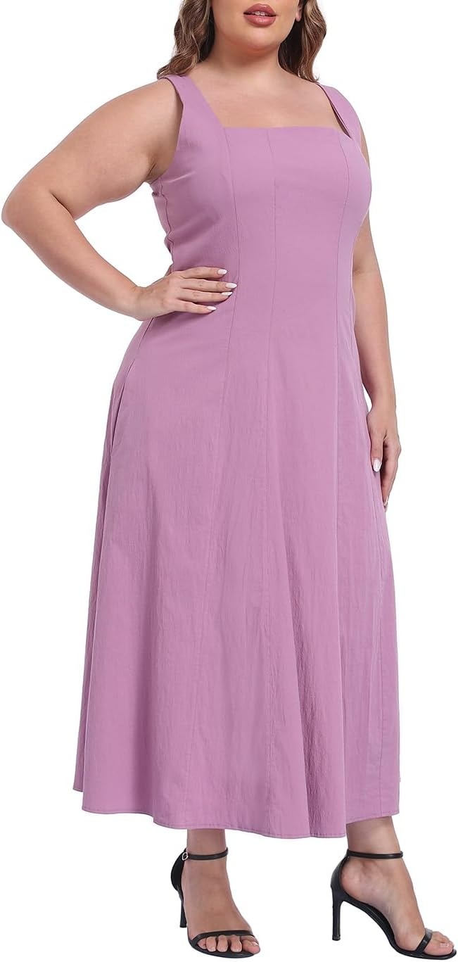image:imageHDE Womens Plus Size Square Neck Midi Dress Sleeveless A Line Long Flowy Spring Vacation Sundress Summer Dresses with PocketsPurple