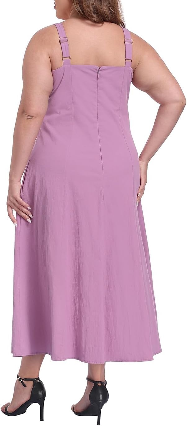 image:imageHDE Womens Plus Size Square Neck Midi Dress Sleeveless A Line Long Flowy Spring Vacation Sundress Summer Dresses with PocketsPurple