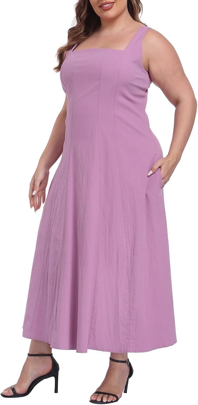 image:imageHDE Womens Plus Size Square Neck Midi Dress Sleeveless A Line Long Flowy Spring Vacation Sundress Summer Dresses with PocketsPurple