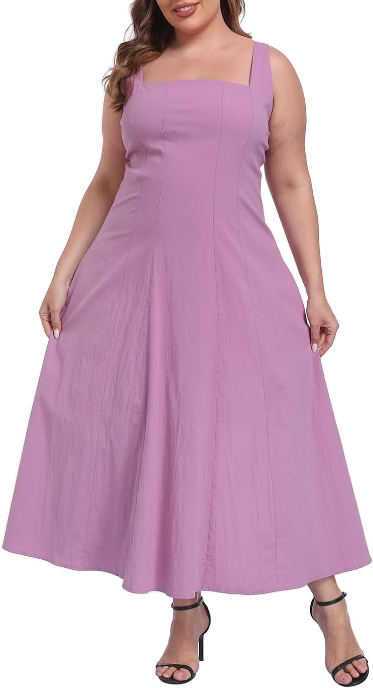 image:imageHDE Womens Plus Size Square Neck Midi Dress Sleeveless A Line Long Flowy Spring Vacation Sundress Summer Dresses with PocketsPurple
