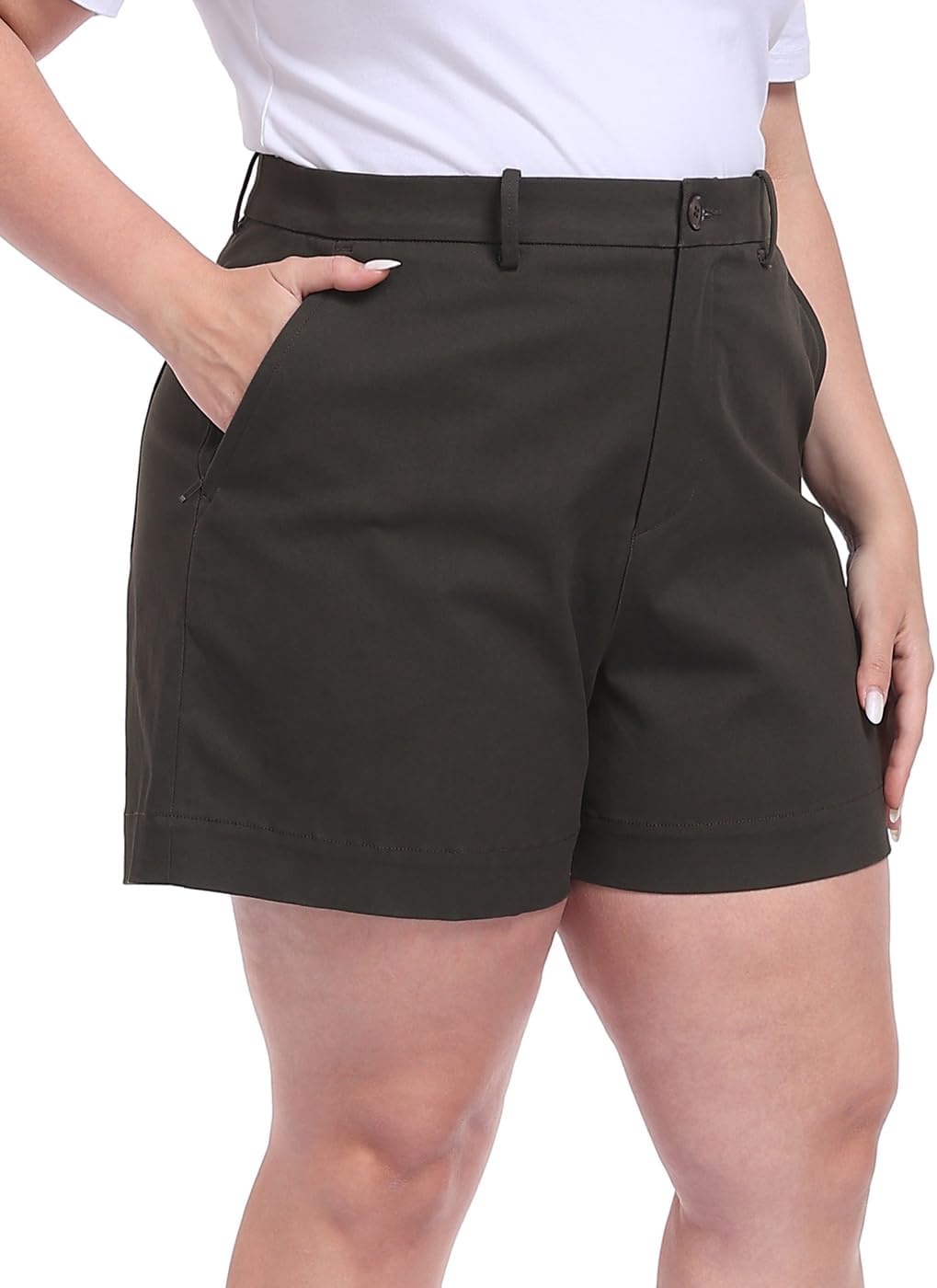 image:imageHDE Womens Plus Size Twill Chino Shorts 5 Inseam High Waisted Tailored Stretch Summer Casual Dress Short with Zipper PocketsCharcoal Gray