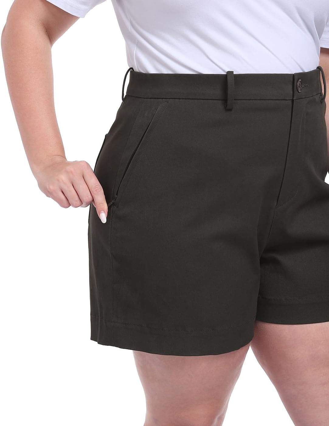 image:imageHDE Womens Plus Size Twill Chino Shorts 5 Inseam High Waisted Tailored Stretch Summer Casual Dress Short with Zipper PocketsCharcoal Gray