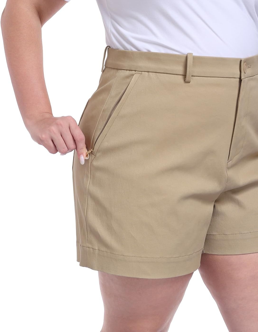 image:imageHDE Womens Plus Size Twill Chino Shorts 5 Inseam High Waisted Tailored Stretch Summer Casual Dress Short with Zipper PocketsKhaki