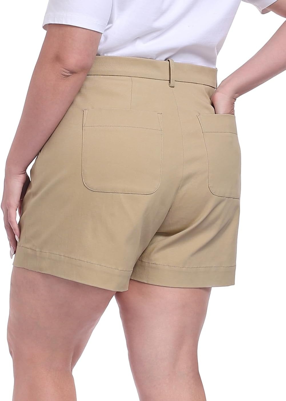 image:imageHDE Womens Plus Size Twill Chino Shorts 5 Inseam High Waisted Tailored Stretch Summer Casual Dress Short with Zipper PocketsKhaki