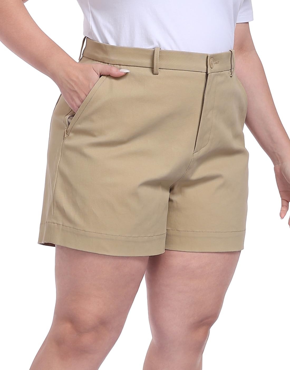 image:imageHDE Womens Plus Size Twill Chino Shorts 5 Inseam High Waisted Tailored Stretch Summer Casual Dress Short with Zipper PocketsKhaki