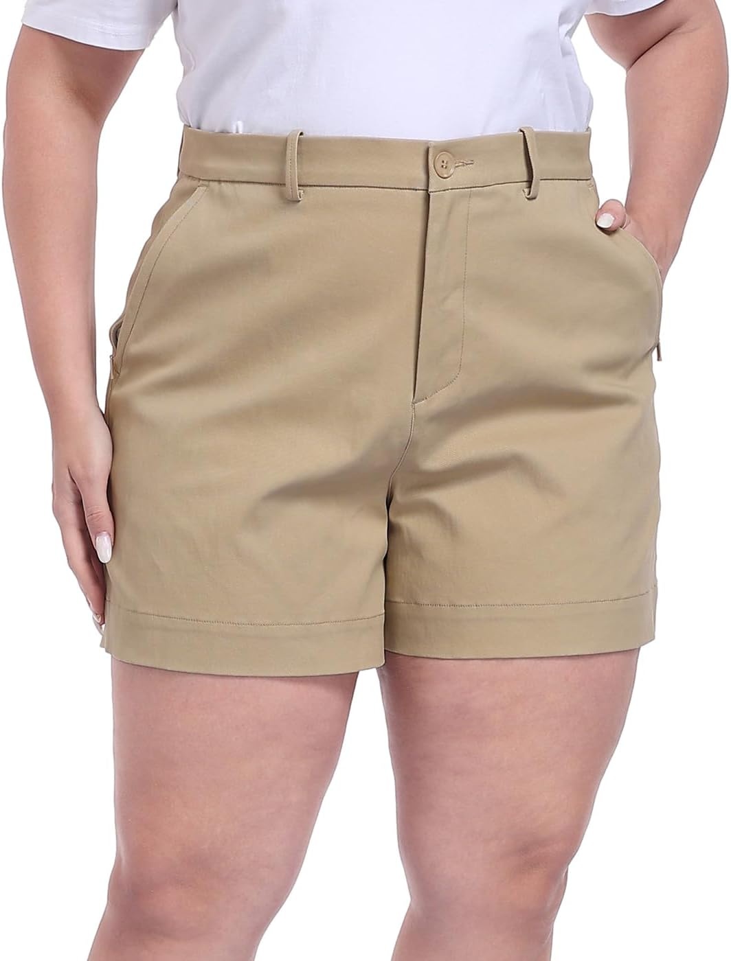 image:imageHDE Womens Plus Size Twill Chino Shorts 5 Inseam High Waisted Tailored Stretch Summer Casual Dress Short with Zipper PocketsKhaki