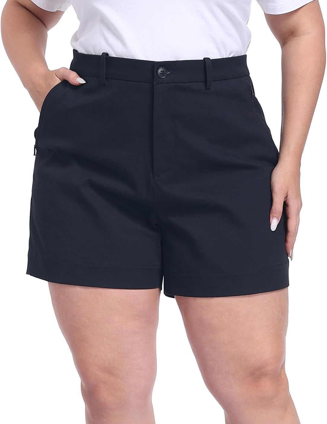 image:imageHDE Womens Plus Size Twill Chino Shorts 5 Inseam High Waisted Tailored Stretch Summer Casual Dress Short with Zipper PocketsNavy Blue