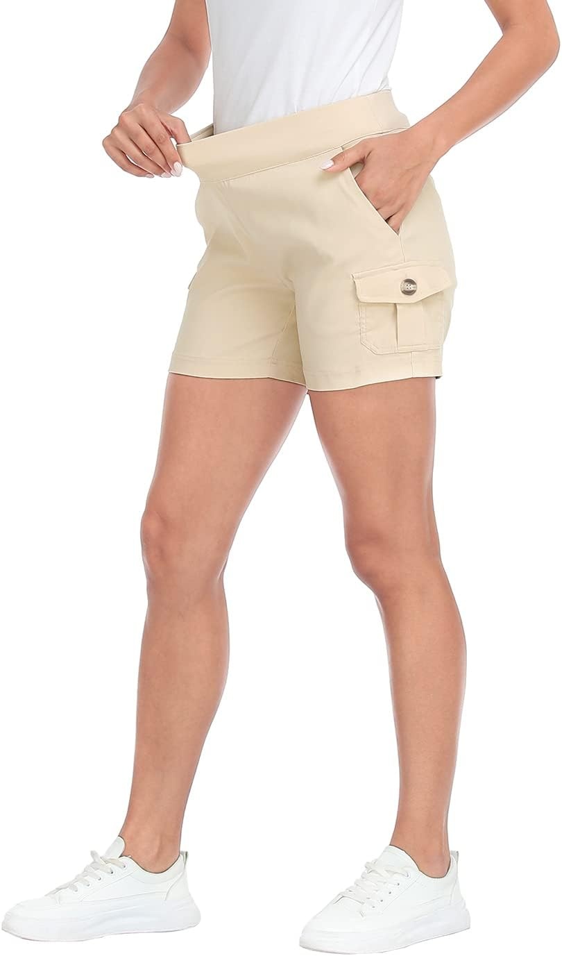 image:imageHDE Womens Pull On Cargo Shorts with Pockets High Waisted Stretchy Tailored Dressy Utility Shorts with PlusKhaki