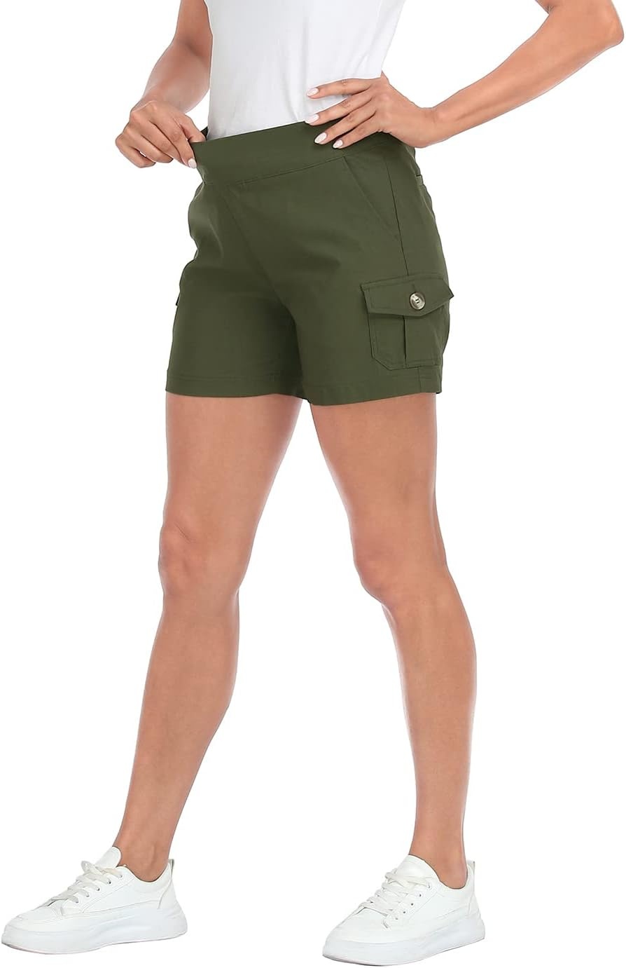 image:imageHDE Womens Pull On Cargo Shorts with Pockets High Waisted Stretchy Tailored Dressy Utility Shorts with PlusOlive Green