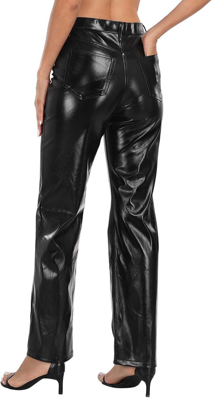 image:imageHDE Womens Shiny Metallic Faux Leather Pants High Waisted Straight Leg TrousersBlack