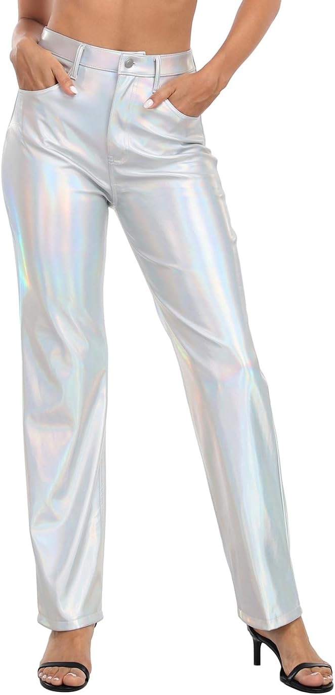 image:imageHDE Womens Shiny Metallic Faux Leather Pants High Waisted Straight Leg TrousersHolographic