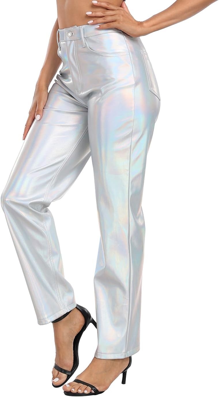image:imageHDE Womens Shiny Metallic Faux Leather Pants High Waisted Straight Leg TrousersHolographic