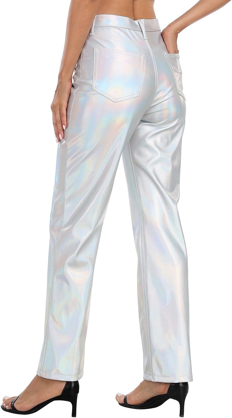image:imageHDE Womens Shiny Metallic Faux Leather Pants High Waisted Straight Leg TrousersHolographic