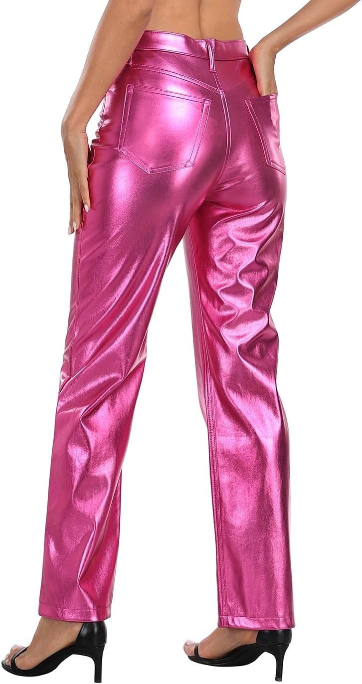 image:imageHDE Womens Shiny Metallic Faux Leather Pants High Waisted Straight Leg TrousersHot Pink