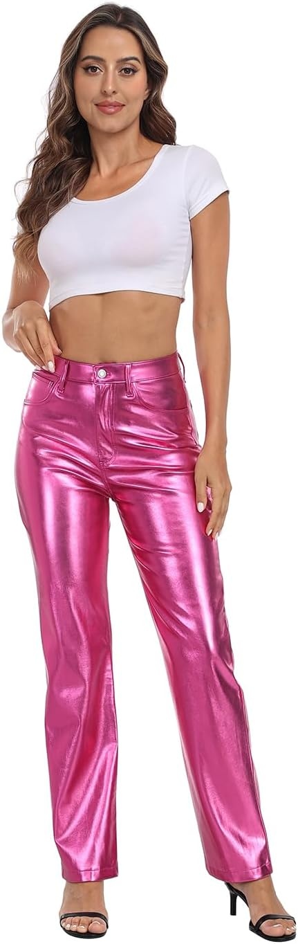 image:imageHDE Womens Shiny Metallic Faux Leather Pants High Waisted Straight Leg TrousersHot Pink