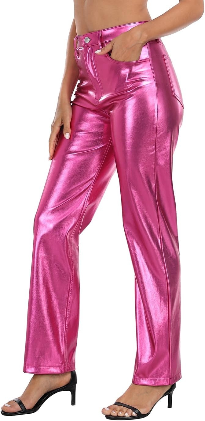 image:imageHDE Womens Shiny Metallic Faux Leather Pants High Waisted Straight Leg TrousersHot Pink