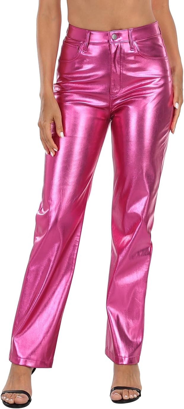 image:imageHDE Womens Shiny Metallic Faux Leather Pants High Waisted Straight Leg TrousersHot Pink