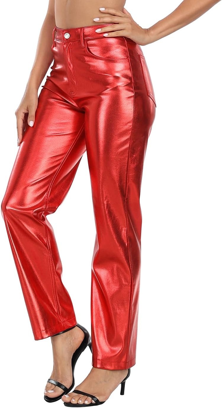 image:imageHDE Womens Shiny Metallic Faux Leather Pants High Waisted Straight Leg TrousersRed