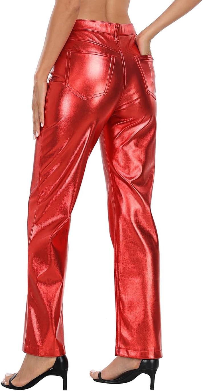 image:imageHDE Womens Shiny Metallic Faux Leather Pants High Waisted Straight Leg TrousersRed