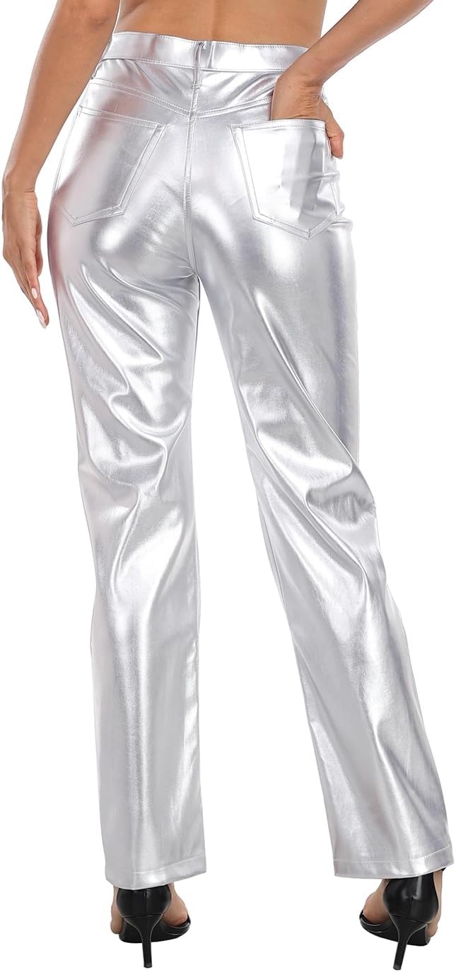 image:imageHDE Womens Shiny Metallic Faux Leather Pants High Waisted Straight Leg TrousersSilver