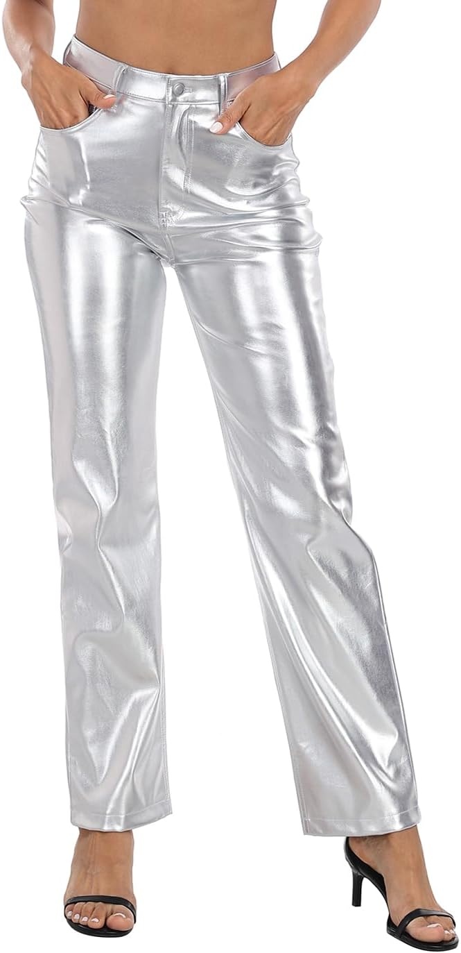 image:imageHDE Womens Shiny Metallic Faux Leather Pants High Waisted Straight Leg TrousersSilver