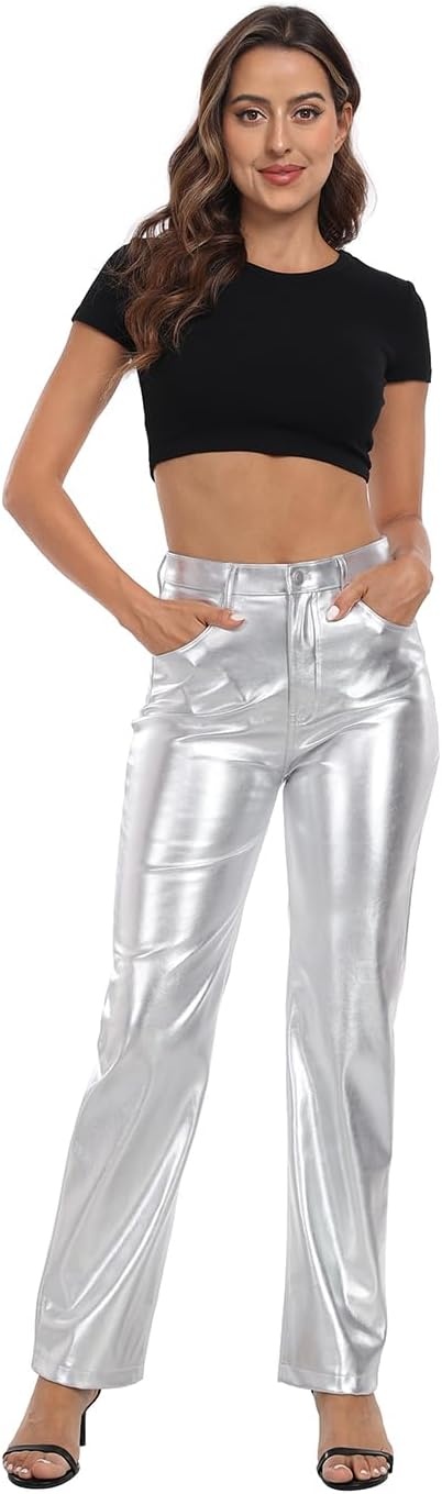 image:imageHDE Womens Shiny Metallic Faux Leather Pants High Waisted Straight Leg TrousersSilver