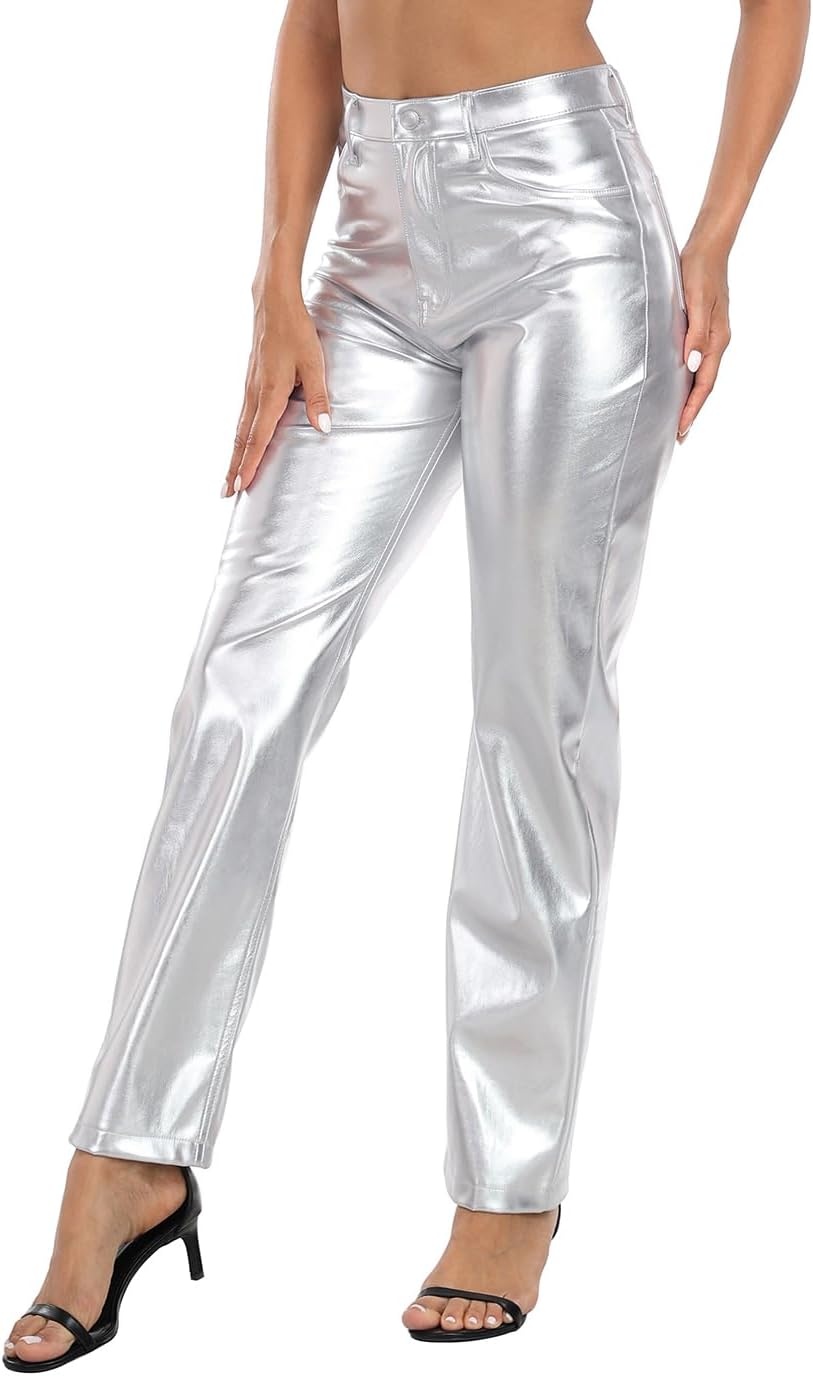 image:imageHDE Womens Shiny Metallic Faux Leather Pants High Waisted Straight Leg TrousersSilver