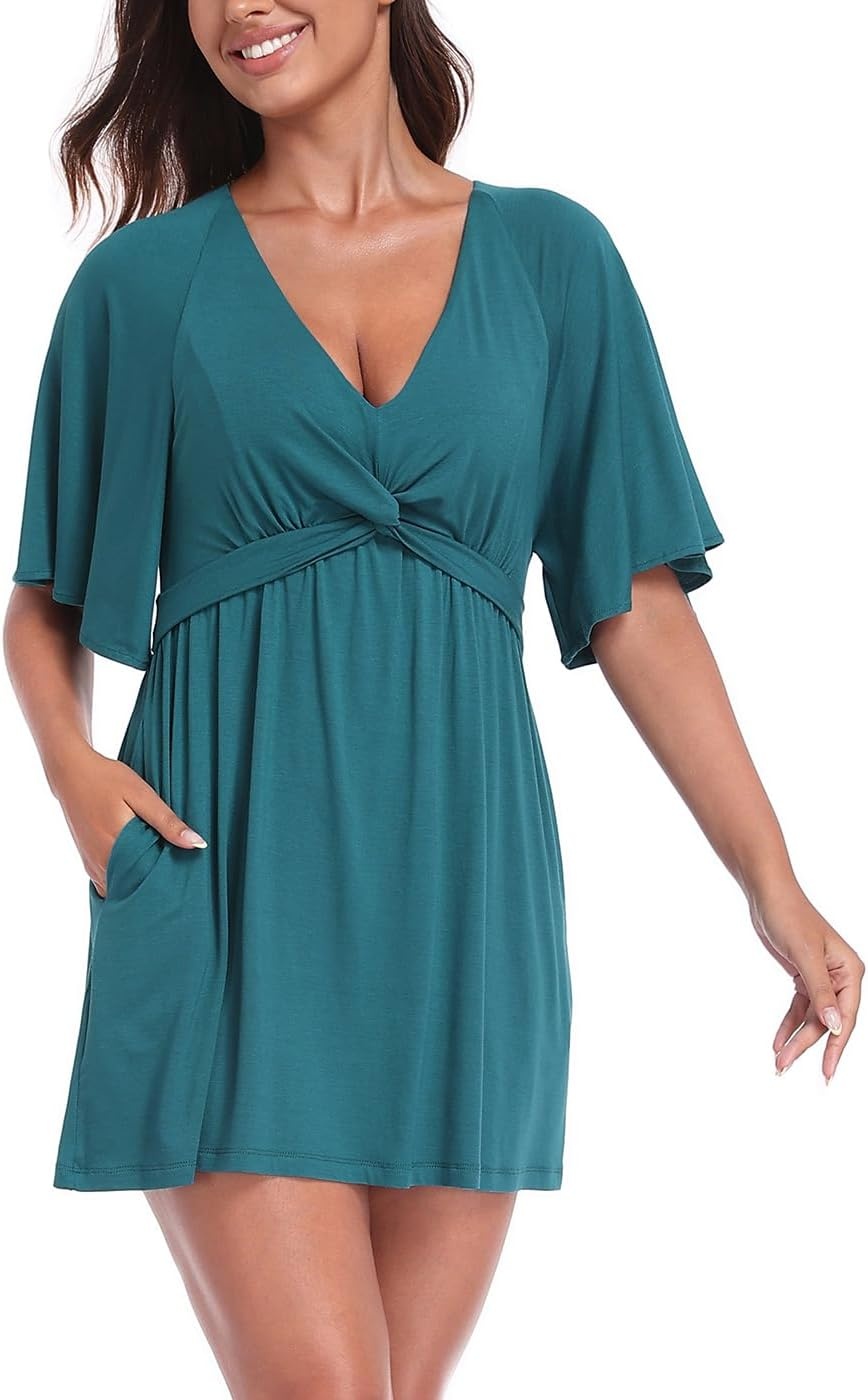 image:imageHDE Womens Skirted Romper Dress with Quick Slip Builtin Shorts V Neck Flutter Sleeve Summer Skort Dress Romper with PocketsDark Teal