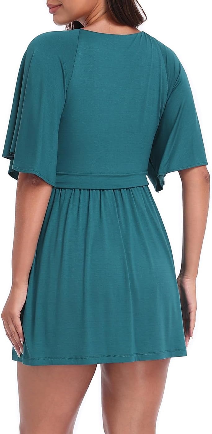 image:imageHDE Womens Skirted Romper Dress with Quick Slip Builtin Shorts V Neck Flutter Sleeve Summer Skort Dress Romper with PocketsDark Teal