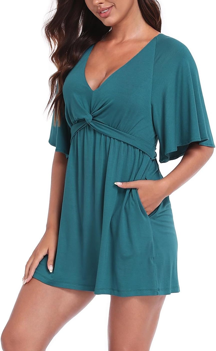 image:imageHDE Womens Skirted Romper Dress with Quick Slip Builtin Shorts V Neck Flutter Sleeve Summer Skort Dress Romper with PocketsDark Teal