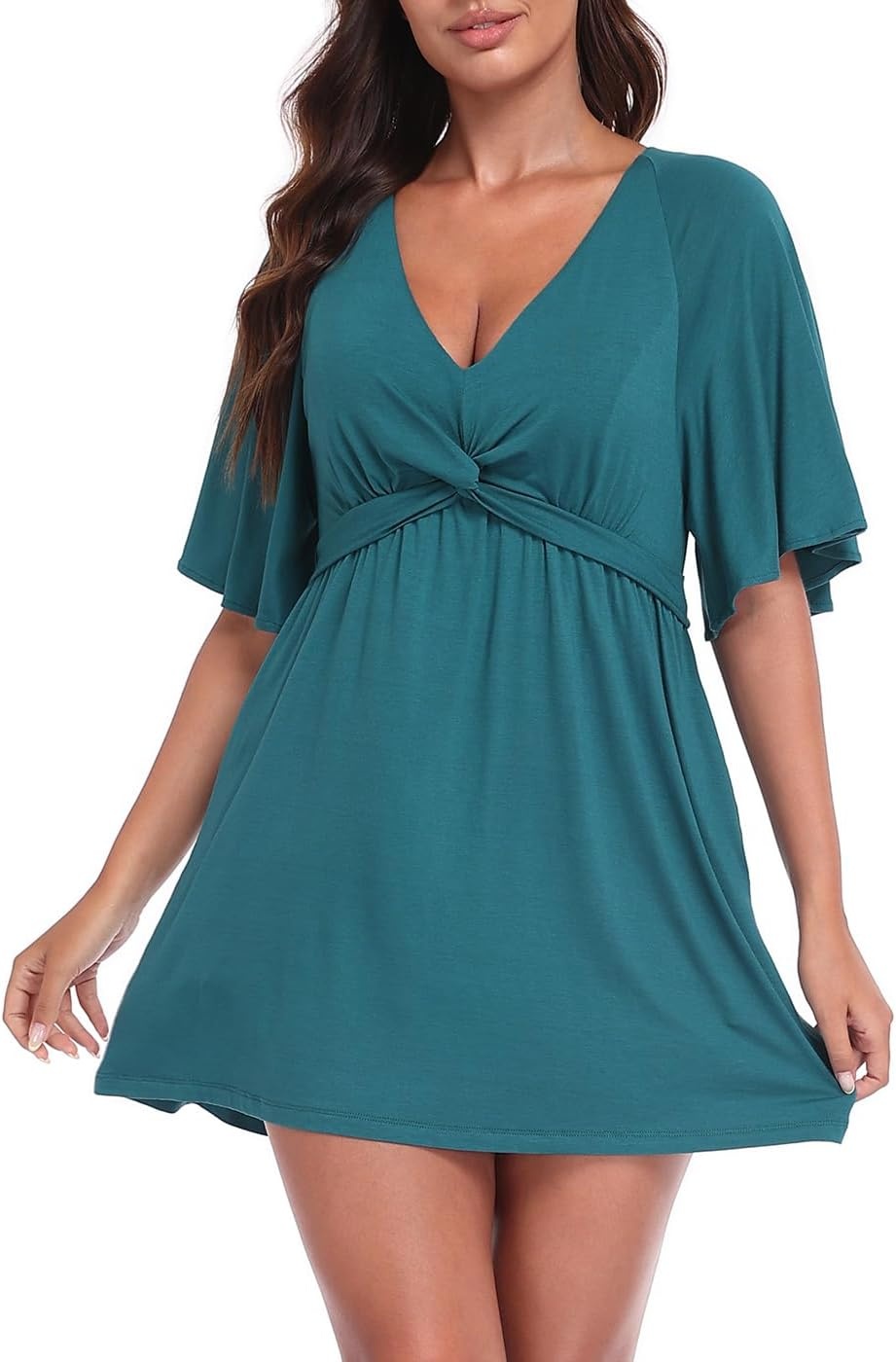 image:imageHDE Womens Skirted Romper Dress with Quick Slip Builtin Shorts V Neck Flutter Sleeve Summer Skort Dress Romper with PocketsDark Teal