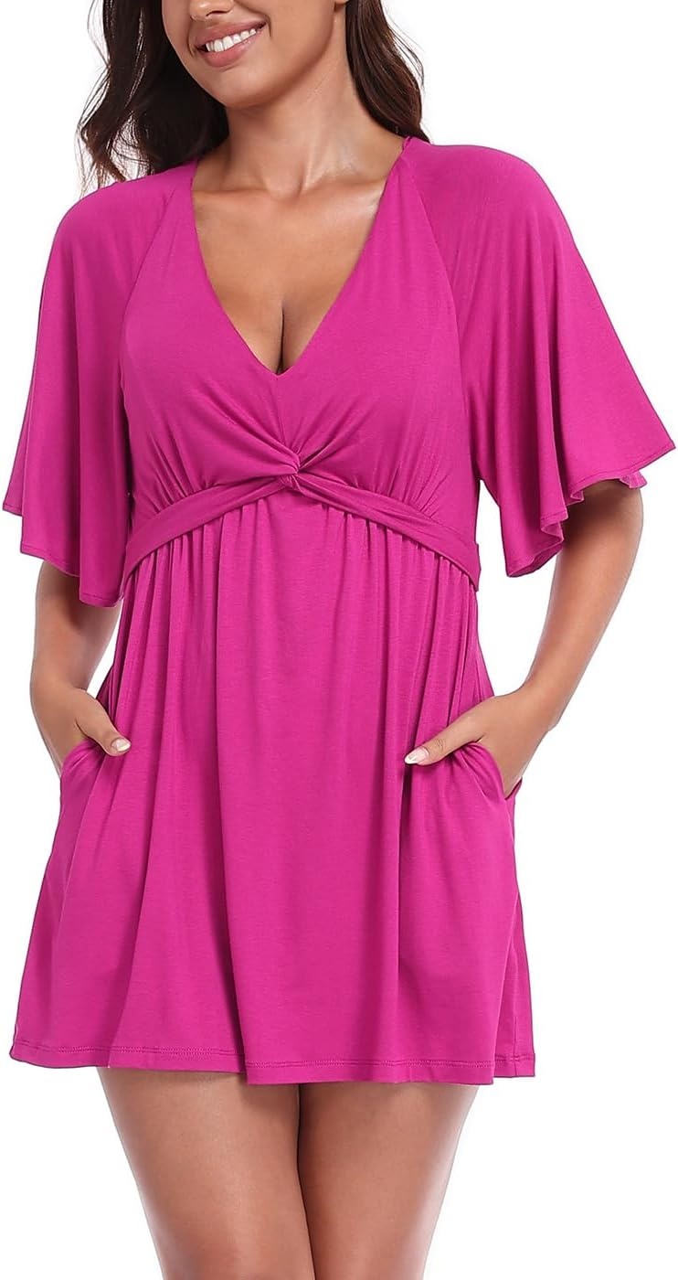 image:imageHDE Womens Skirted Romper Dress with Quick Slip Builtin Shorts V Neck Flutter Sleeve Summer Skort Dress Romper with PocketsRaspberry Purple