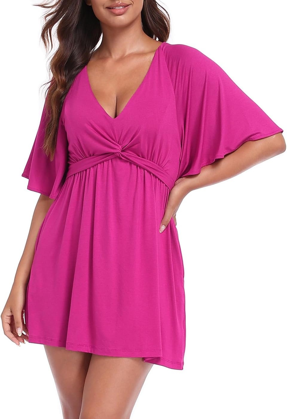 image:imageHDE Womens Skirted Romper Dress with Quick Slip Builtin Shorts V Neck Flutter Sleeve Summer Skort Dress Romper with PocketsRaspberry Purple