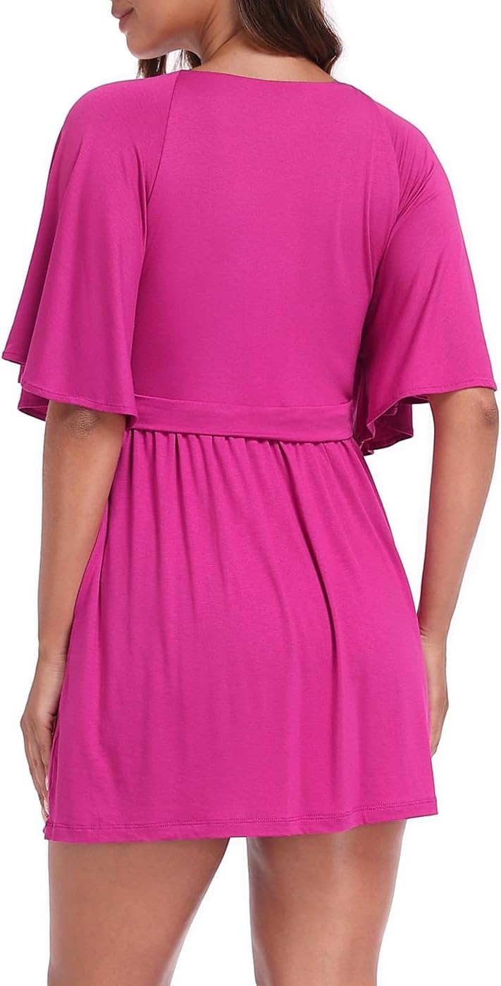 image:imageHDE Womens Skirted Romper Dress with Quick Slip Builtin Shorts V Neck Flutter Sleeve Summer Skort Dress Romper with PocketsRaspberry Purple