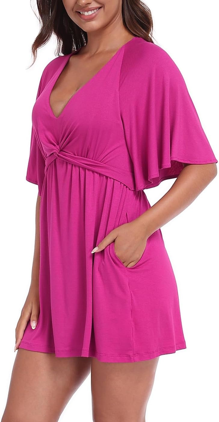 image:imageHDE Womens Skirted Romper Dress with Quick Slip Builtin Shorts V Neck Flutter Sleeve Summer Skort Dress Romper with PocketsRaspberry Purple
