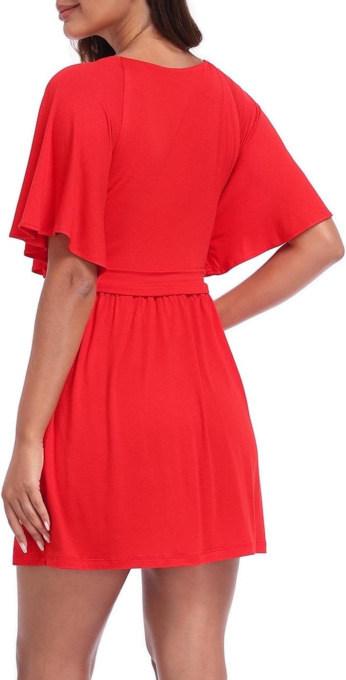 image:imageHDE Womens Skirted Romper Dress with Quick Slip Builtin Shorts V Neck Flutter Sleeve Summer Skort Dress Romper with PocketsRed