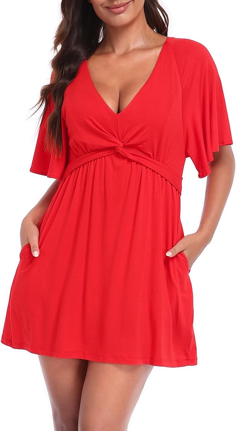 image:imageHDE Womens Skirted Romper Dress with Quick Slip Builtin Shorts V Neck Flutter Sleeve Summer Skort Dress Romper with PocketsRed