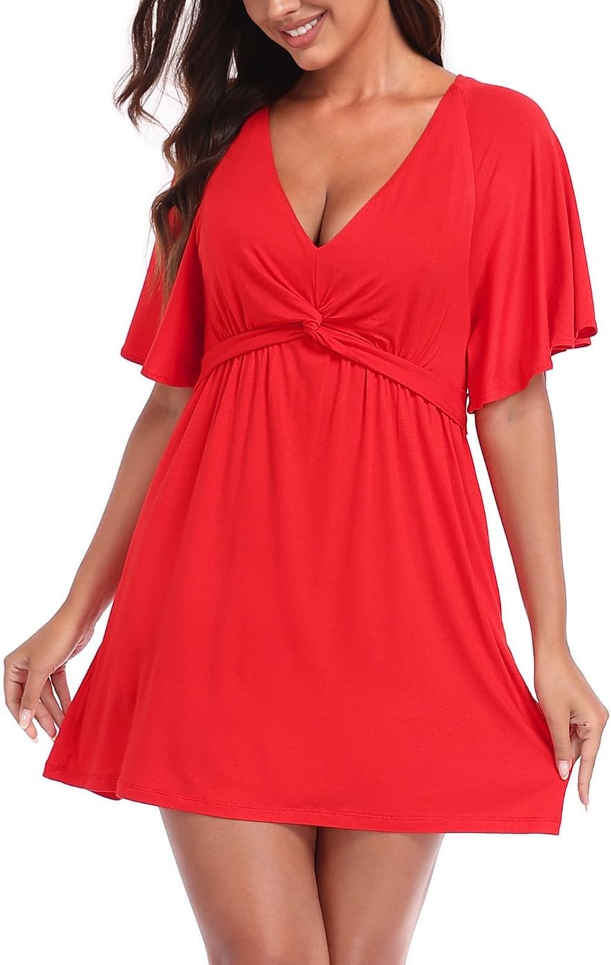 image:imageHDE Womens Skirted Romper Dress with Quick Slip Builtin Shorts V Neck Flutter Sleeve Summer Skort Dress Romper with PocketsRed