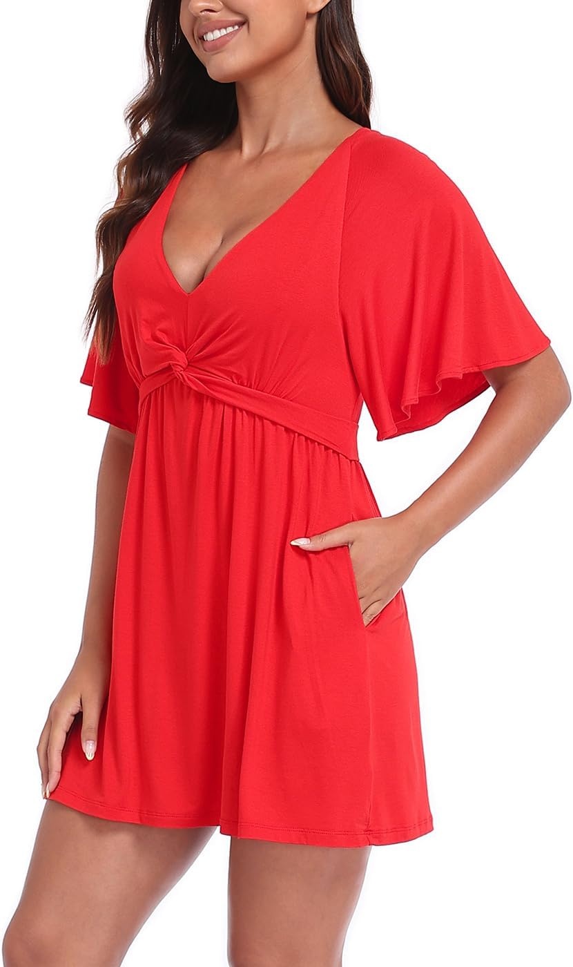 image:imageHDE Womens Skirted Romper Dress with Quick Slip Builtin Shorts V Neck Flutter Sleeve Summer Skort Dress Romper with PocketsRed
