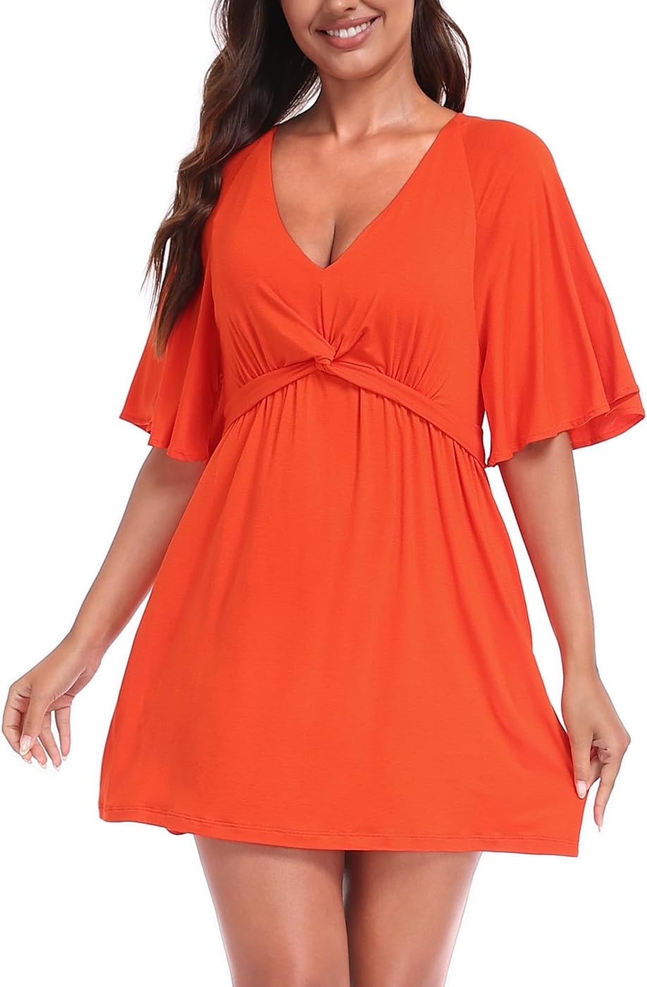 image:imageHDE Womens Skirted Romper Dress with Quick Slip Builtin Shorts V Neck Flutter Sleeve Summer Skort Dress Romper with PocketsSpicy Orange