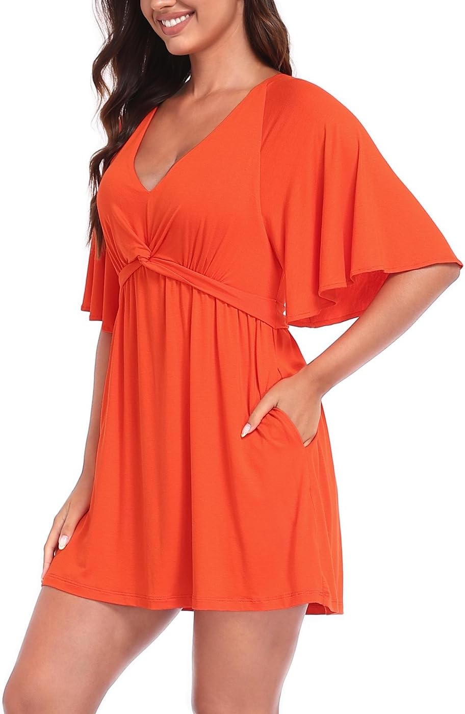 image:imageHDE Womens Skirted Romper Dress with Quick Slip Builtin Shorts V Neck Flutter Sleeve Summer Skort Dress Romper with PocketsSpicy Orange