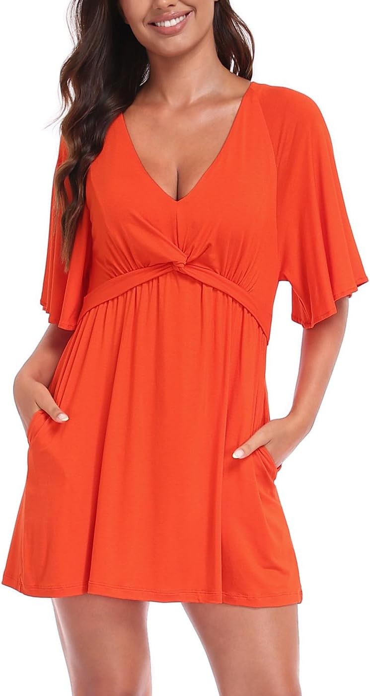 image:imageHDE Womens Skirted Romper Dress with Quick Slip Builtin Shorts V Neck Flutter Sleeve Summer Skort Dress Romper with PocketsSpicy Orange