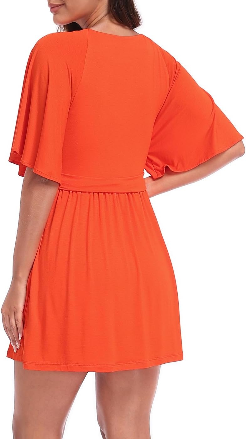 image:imageHDE Womens Skirted Romper Dress with Quick Slip Builtin Shorts V Neck Flutter Sleeve Summer Skort Dress Romper with PocketsSpicy Orange