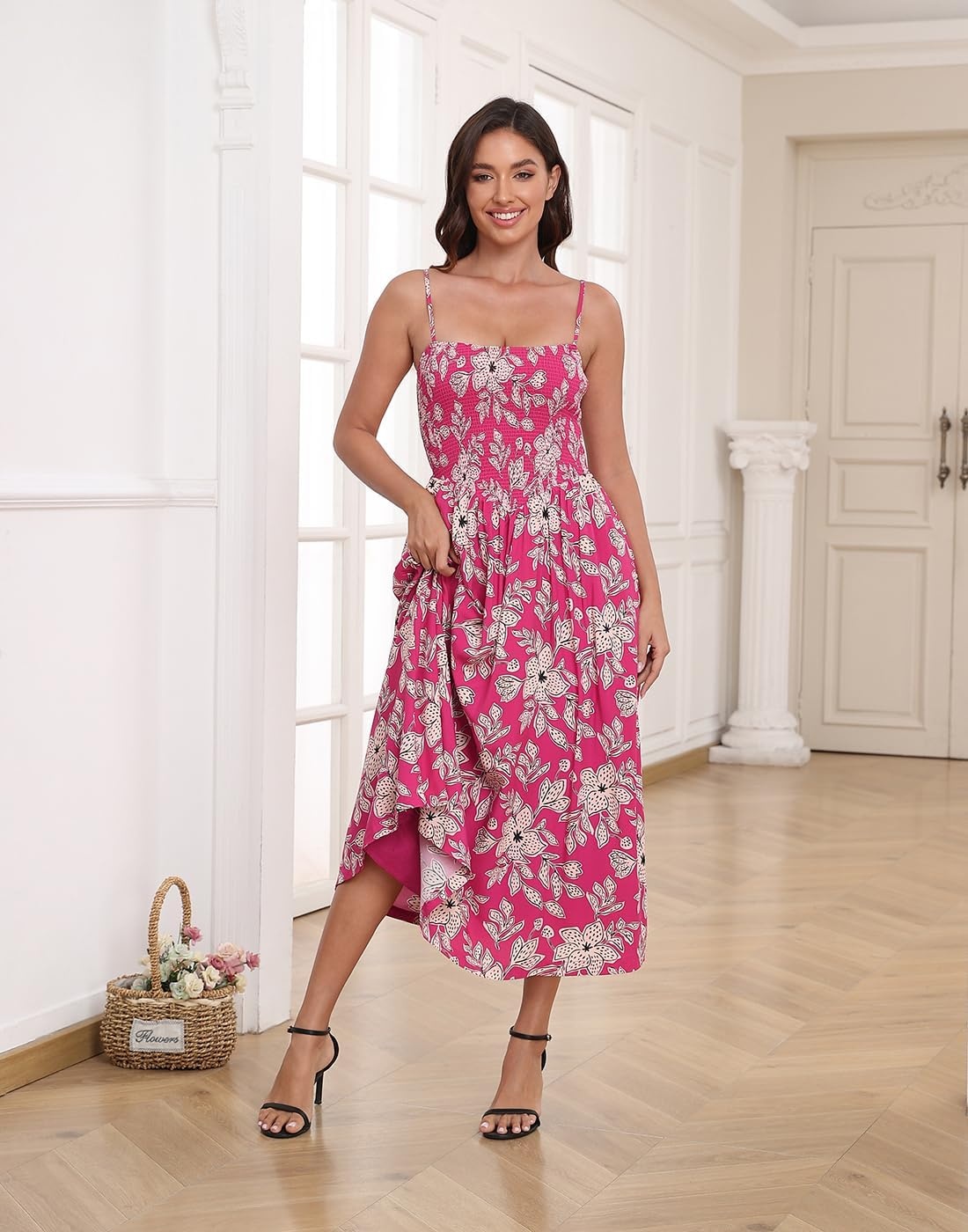 image:imageHDE Womens Smocked Midi Dresses Summer Casual Sundress Spaghetti Strap Flowy Drop Waist Beach Vacation Dress with PocketsBerry Red Tropical Floral