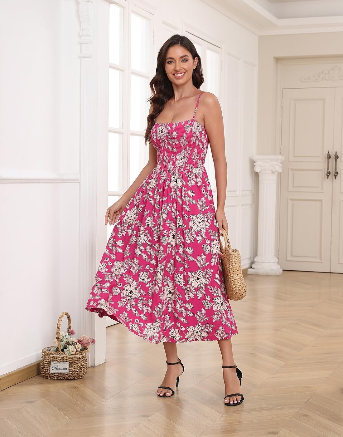 image:imageHDE Womens Smocked Midi Dresses Summer Casual Sundress Spaghetti Strap Flowy Drop Waist Beach Vacation Dress with PocketsBerry Red Tropical Floral