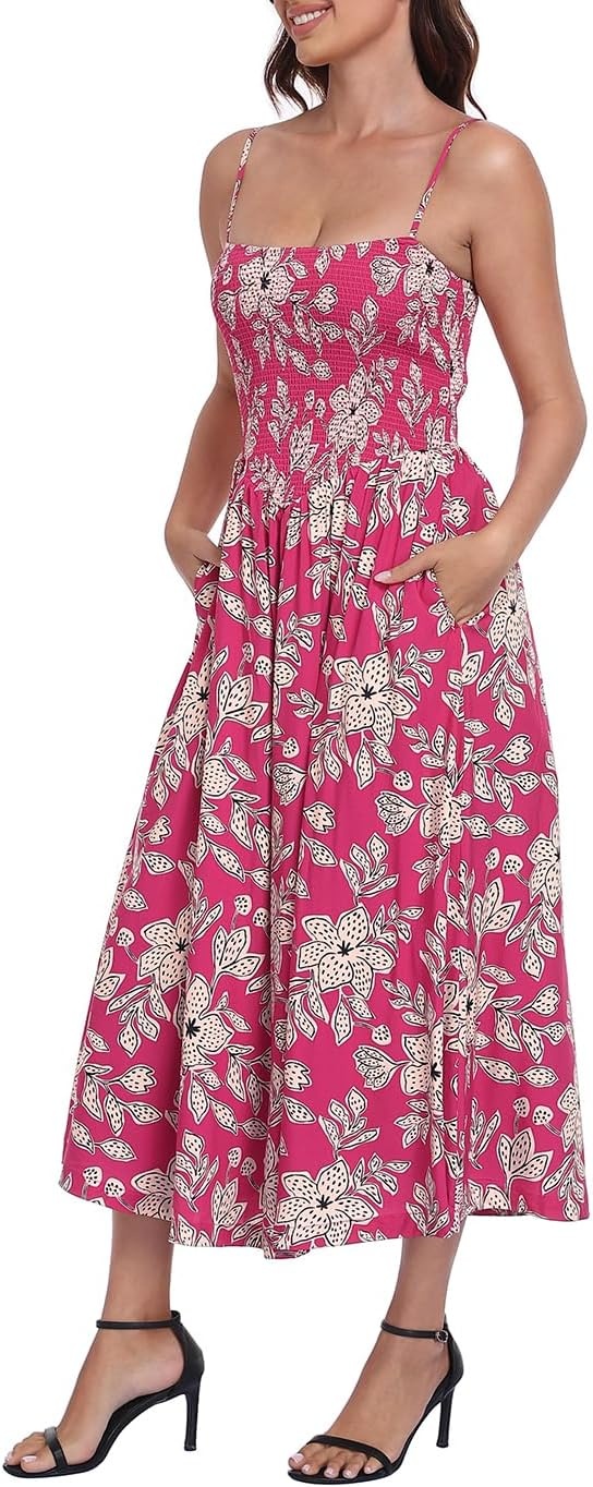 image:imageHDE Womens Smocked Midi Dresses Summer Casual Sundress Spaghetti Strap Flowy Drop Waist Beach Vacation Dress with PocketsBerry Red Tropical Floral