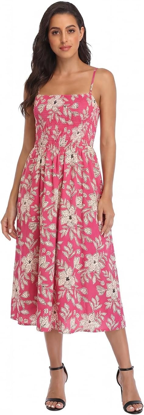 image:imageHDE Womens Smocked Midi Dresses Summer Casual Sundress Spaghetti Strap Flowy Drop Waist Beach Vacation Dress with PocketsBerry Red Tropical Floral